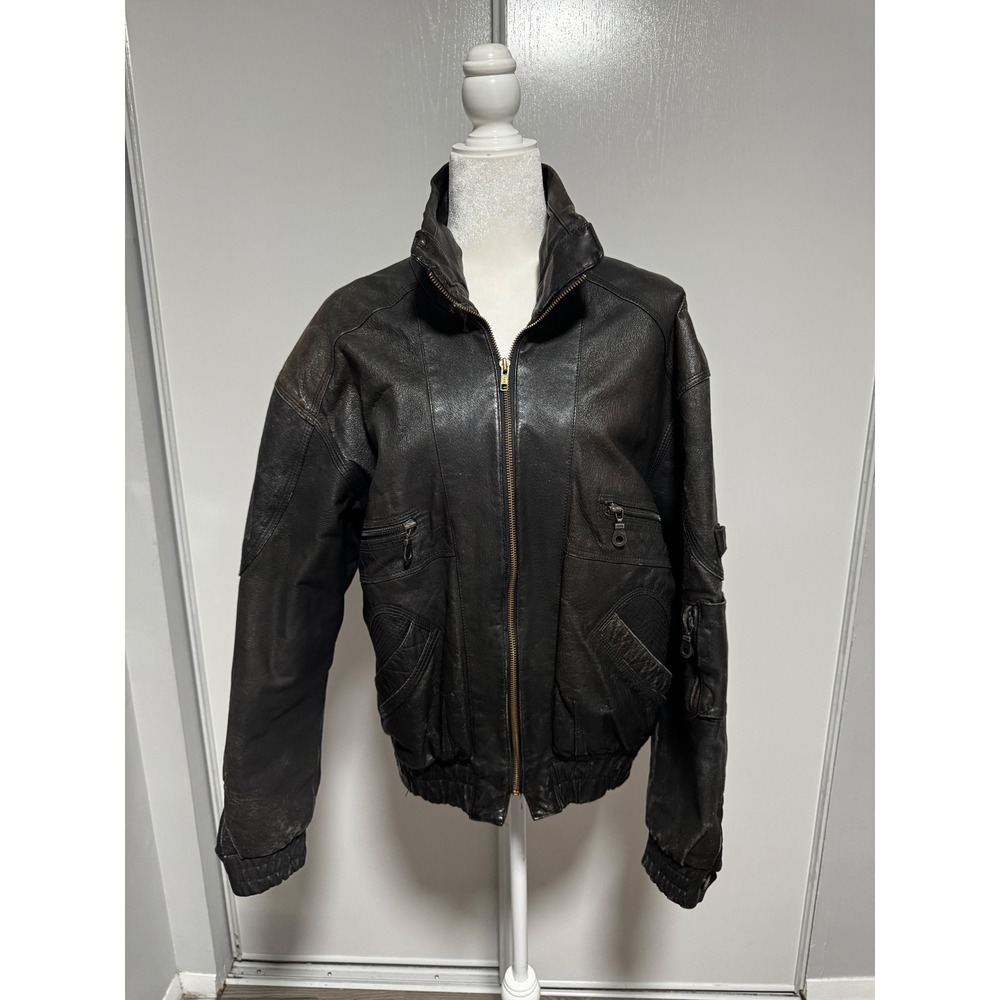 Vintage Weekends‎ Genuine Leather Bomber Jacket Mens Size M Black Zip Up Collar